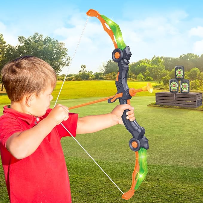 SpringFlower Bow and Arrow Toys for Kids, Archery Set Includes Super Bow with LED Lights, 10 Suction Cups Arrows,Archery Set with Standing Target and 3 Target Cans for Boys and Girls