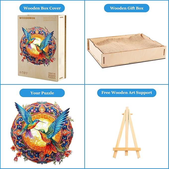 Wooden Jigsaw Puzzles, Mandala Hummingbirds (300pcs-L-13.8 * 13.8in) Wooden Puzzles for Adults Kids, Unique Shape Animal Wood Puzzles Adults Birthday Gifts