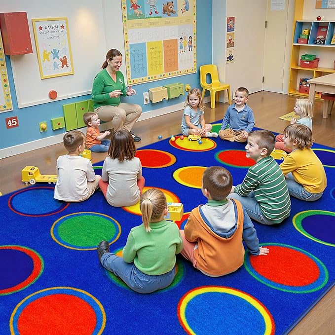 LIVEBOX Sitting Spots Kids Classroom Rug, Washable School Learning Area Rugs, Colorful Preschool Kids Classroom Carpet Non-Slip Playroom Mat for Daycare Learning, 13'x7'5"(Seats-24)