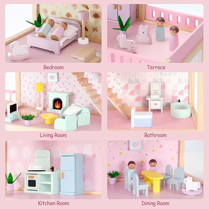 Wooden Dollhouse with 36Pcs Dollhouse Furniture Accessories, 7 Rooms Large Modern Doll House, Ideal Toy Gift for Girls Boys Toddlers Ages 3+