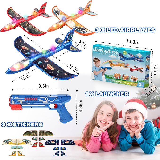 3 Pack Foam Airplane Launcher Toys, 12.6" Led Glider Catapult Plane Boy Toys, Easter Gifts for Kids, Outdoor Sport Flying Toys for Kids Birthday Gifts for 4 5 6 7 8 9 10 11 12 Year Old Boys Girls