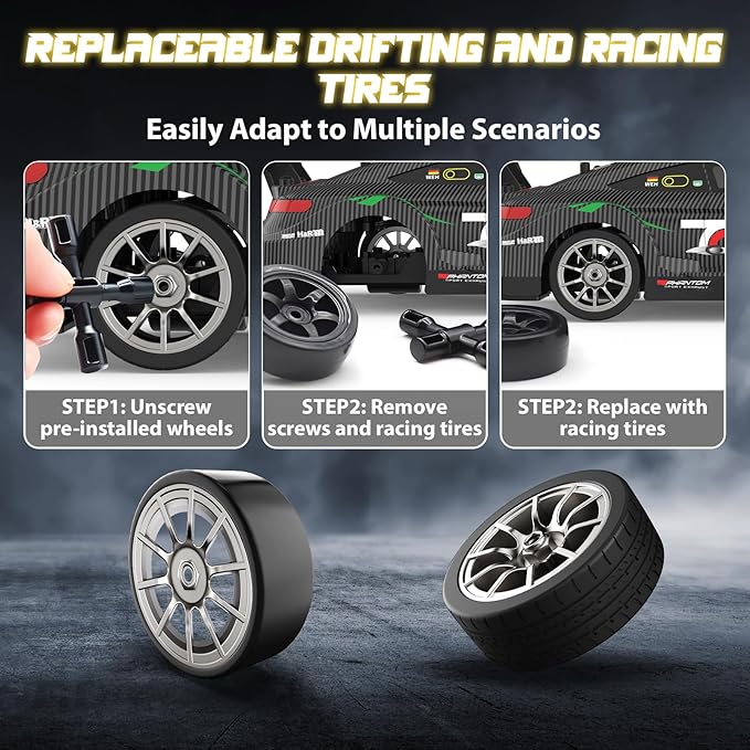 RC Drift Car 1:16, 2.4GHz 4WD 30+KM/H High Speed Remote Control Car with LED Lights Two Batteries and Drift Tires, Drifting RC Cars for Adults Boys Kids, Gray