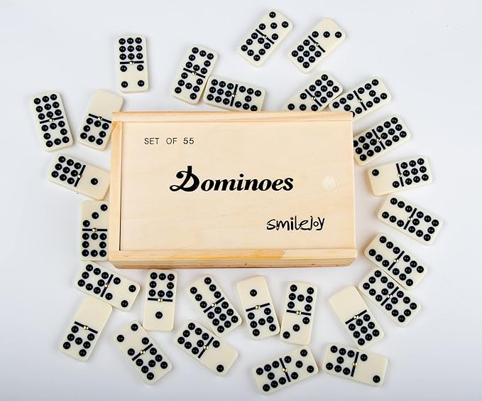 Smilejoy Dominoes Set for Adults, Double Nine Domino Set for Classic Board Games, Dominoes Double 9 for Family Games with Natural Wooden case with Spinner 55pcs