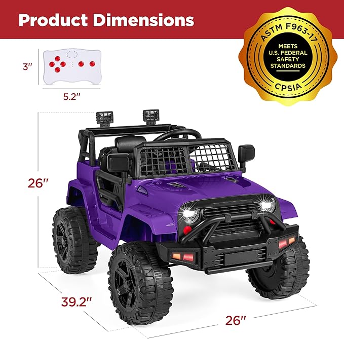Best Choice Products 12V Kids Ride On Truck Car w/Parent Remote Control, Spring Suspension, LED Lights, AUX Port - Purple