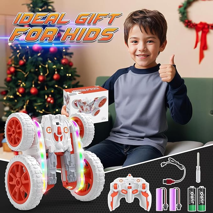 Remote Control Car,RC Cars with Sides Light and Headlights,360°Rotating 4WD Spray RC Stunt Car,2.4Ghz All Terrain Toy Car for Boys Age 4-7 Kids Toy for 8-12 Boys Girls Birthday Gift(Orange & White)