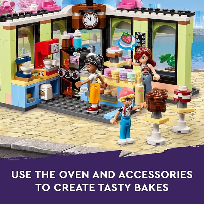 LEGO Friends Heartlake City Café Shop Toy for Kids, Bakery Building Set, Birthday Gift Idea for Girls and Boys Ages 6 Years and Up with 3 Mini Dolls and a Dog Toy Figure, 42618