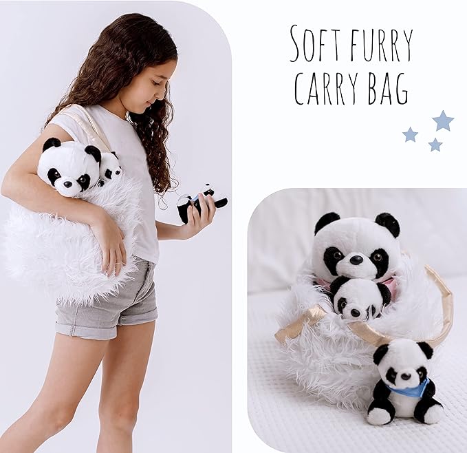 Perfectto Design Panda Stuffed Animal Bear Plush Toy for Girls 5 PCS Set - Mommy, 2 Babies, Bag, Blanket stuffies 3 4 5 Year Old Girl, Little Girls Birthday, Christmas Age 3-9