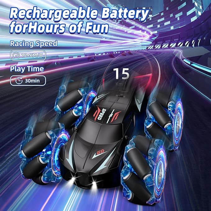 RC Stunt Car, 2.4GHz 4WD Gesture Sensing Remote Control Car with Cool Light and Music, Double-Sided 360° Flips RC Cars for Boys Age 6-12 8-12 Birthday Christmas Toy Cars(Blue)