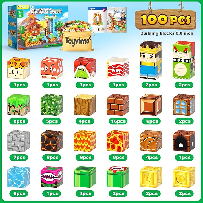 100PCS Magnetic Blocks Magnetic Building Blocks Sensory Toys for Kids Ages 3-5 6-8 8-12 Kids Game Toys for 3+ Year Old Boys & Girls, 3 4 5 6 7 8 9 10 Year Old Boy Birthday Gifts