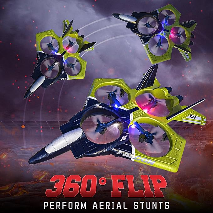 BEZGAR RC Airplane, 2.4GHZ 6-axis Gyro Remote Control Airplane, Gesture Remote Control Plane, 360° Flip Fighter Jet Toy, Toys for Ages 8-13 with Colorful LED Navigation Lights Green