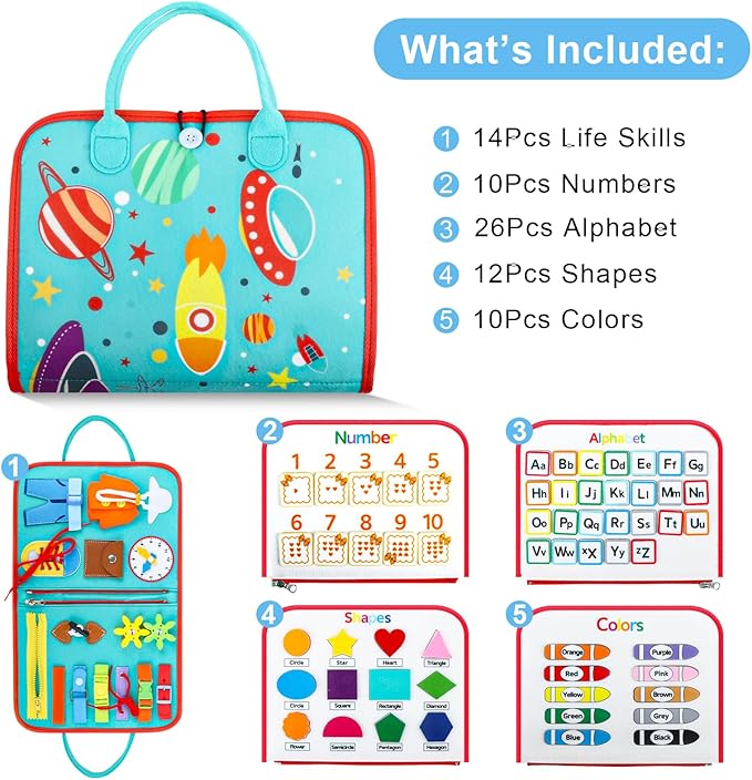 Busy Board Montessori Toys for 1 2 3 4 Year Old Boy & Girl Birthday Gifts, Busy Book for Toddlers 1-3, Sensory Educational Travel Toys, Preschool Activities for Learning Fine Motor Skills