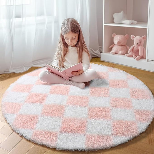 KICMOR Pink Round Rug 4ft for Girls Bedroom, Fluffy Soft Circle Area Rug Cute Small Living Room Carpet, Indoor Fuzzy Shag Shaggy Checkered Circular Rugs for Kids Room Nursery Home Decor Aesthetic