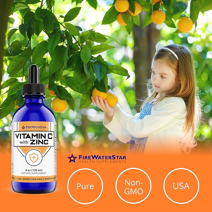 FWS Vitamin C Liquid Drops with Zinc for Adults and Kids - 4oz - Supports a Healthy Immune System, Collagen, Skin Health, Healthy Aging - Organic, Non-GMO, Vegan - Easy Dosing, 60 Servings