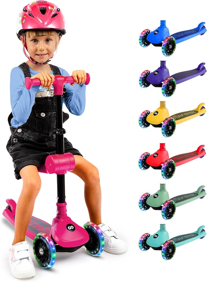 SereneLife 3 Wheel Foldable Kids Scooter - Foldable Seat, LED Wheel Lights, Adjustable Handlebar, Rear Foot Brake, Lean-to-Steer, Anti-Slip Deck, Ideal for Toddlers Kids 3+, up to 110Lbs