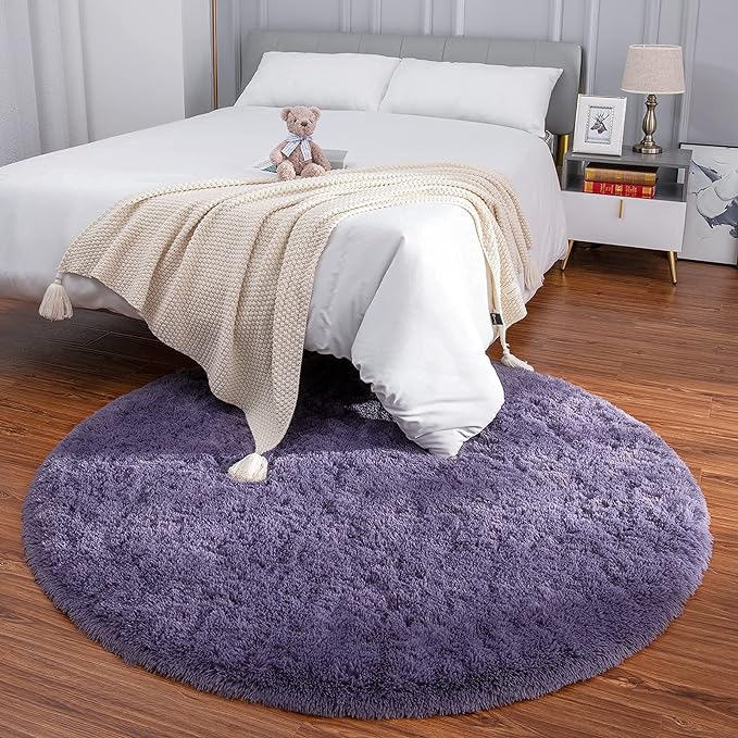 LOCHAS Luxury Round Fluffy Area Rugs for Bedroom Kids Girls Room Nursery, Super Soft Circle Rug, Cute Shaggy Carpet for Children Living Room, 4x4 Feet Grey Purple