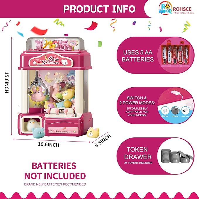 Interactive Claw Toy Arcade Machine with Prizes, Kids Vending Machine with Lights, Music, Plush Toys & Capsules, Mini Claw Machine USB Rechargeable, Birthday Gift for Girls Ages 4-12