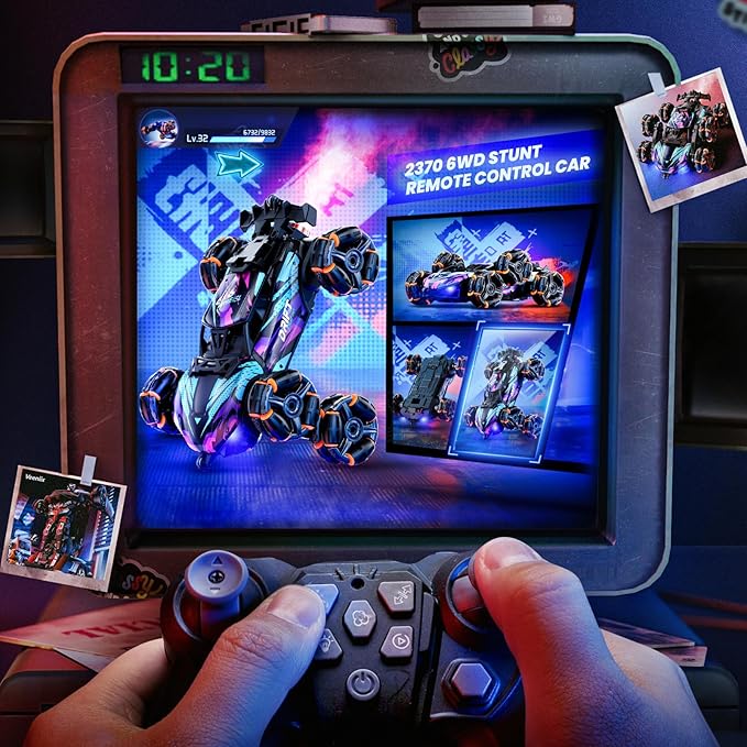 2370 Six-Wheel RC Stunt Car,6WD Cool Drift Remote Control Car,Double-Sided Driving,360° Flips Rotating,with Spray and Light Effects,Toys for Ages 8-13 Kids,Ideal Gift for Boys and Girls