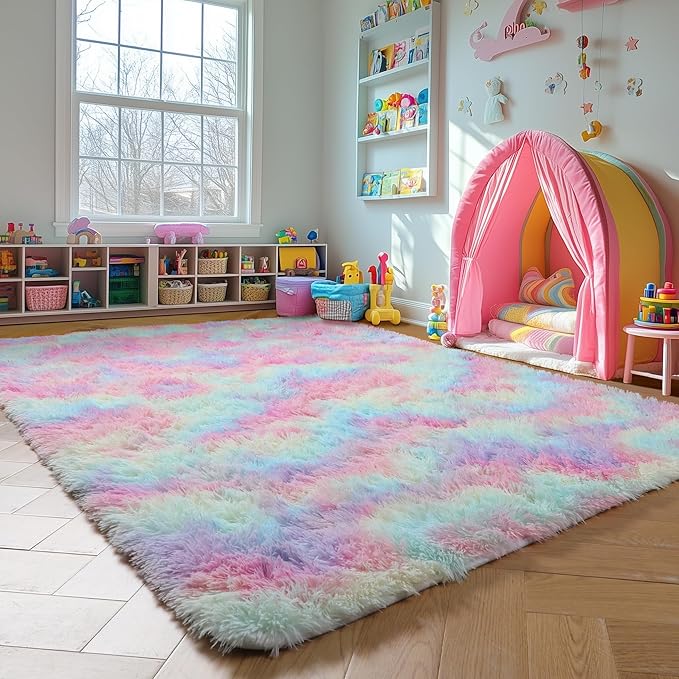 Amdrebio Rainbow Area Rugs for Girls Bedroom Kids Room Decor, 9x12 Large Pastel Colorful Rug for Playroom, Cute Unicorn Shaggy Rugs for Baby Princess, Kawaii Fluffy Plush Big Carpet for Living Room