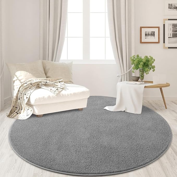 FlyDOIT Round Area Rugs for Bedroom Living Room, 5x5 Grey Super Soft Comfy Thickened Memory-Foam Indoor Circle Carpets, Modern Aesthetic Minimalist Carpet for Boys Girls Adults Nursery Home Décor