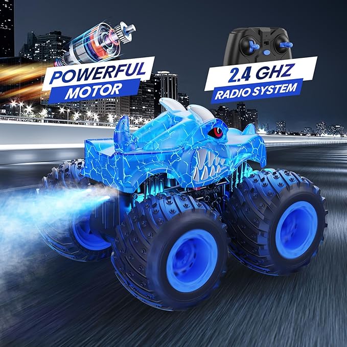 BAODLON Remote Control Monster Car, 2.4GHz RC Monster Trucks Toys for 3 4 5 6 7 8 Years Old Boys Kids, All Terrain RC Truck Off Road with Spray, Light, Rechargeable Battery, Christmas Birthday Gifts