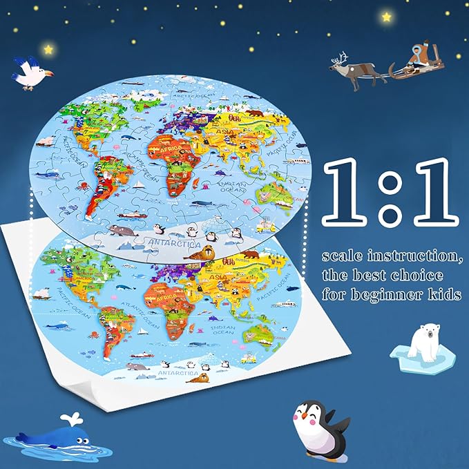 World Map Jigsaw Puzzle for Kids 4-8, 70 Piece Large Round Floor Puzzles for Kids Ages Toddler Puzzle Globe Geography Games Educational Toys Birthday for Children