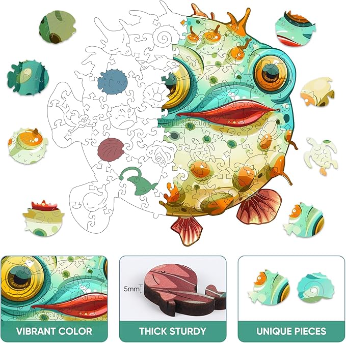 Fish Wooden Puzzles for Kids,100 Pieces Unique Shaped Jigsaw Puzzles for Adults and Children,Family Game,Birthday Children's Day Gifts,7.87x8 Inches