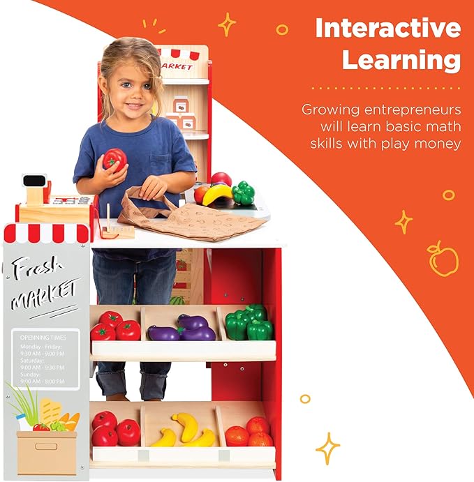 Best Choice Products Pretend Play Grocery Store Wooden Supermarket Toy Set for Kids w/Play Food, Chalkboard, Cash Register, Working Conveyor - Red
