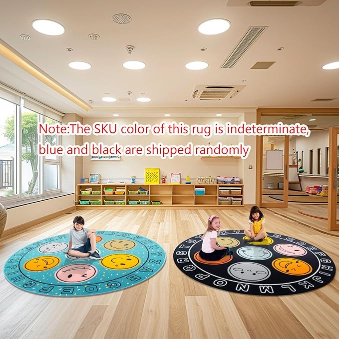 ABC Alphabet Rug for Kids, Classroom Playmat 6ft Non-Slip Circle Rugs for playroom, Round Area Rug for Elementary Classroom, Play Carpet for Boys Girls Bedrooms Playroom,Nursery Rugs-Blue or Black