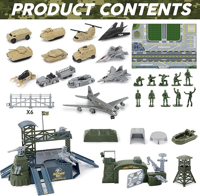 Military Base Toy Sets, Army Toys Playset with Army Men Action Figures, Airplane Toy, Army Tank, Helicopter, Vehicles Accessories and Army Base Play Map, Birthday Present Toys for Boys