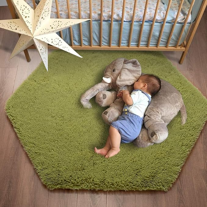 junovo Ultra Soft Rug for Nursery Children Room Baby Room Home Decor Dormitory Hexagon Carpet for Playhouse Princess Tent Kids Play Castle, Diameter 4.6 ft, Green