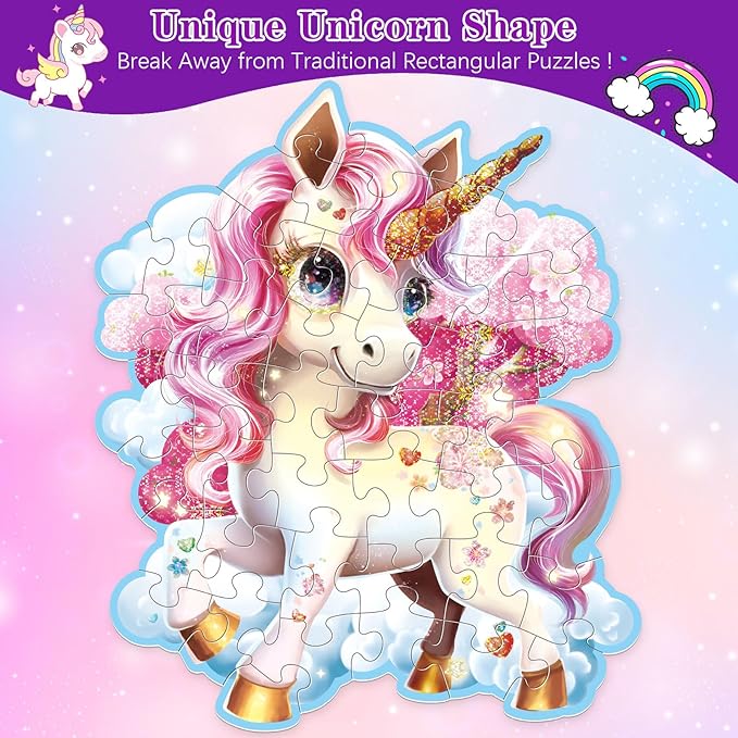 45pcs Shimmery Unicorn Floor Puzzles for Kids Ages 3-5, Jumbo Jigsaw Puzzles for Kids Unicorn Puzzle for Toddlers Age 3+ Year Olds, Unicorn Toy Gifts for Girls (Size: 28 '' x 33 '')