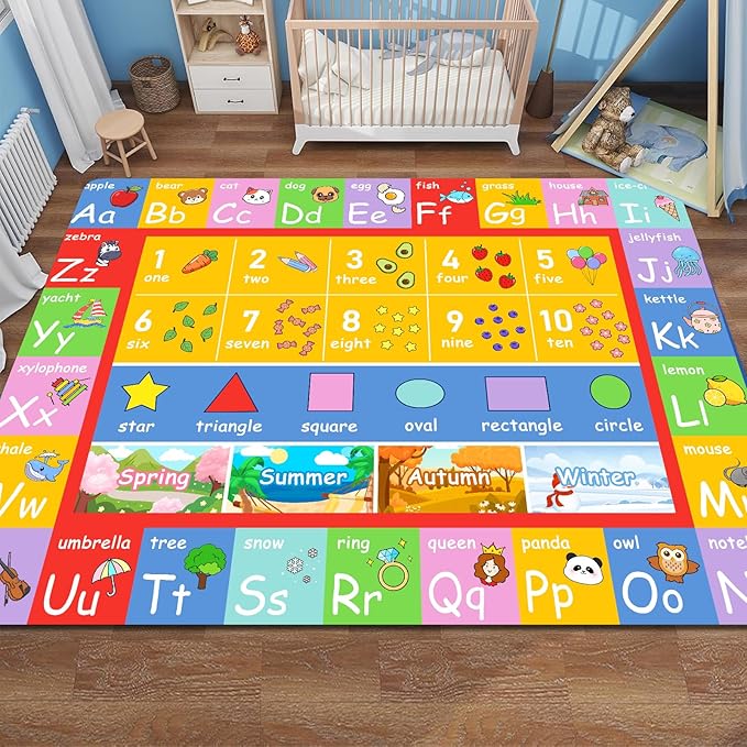 3x5 Alphabet Kids Play Rug for Playroom, Summer Non Slip Educational Rugs Learning Numbers Mat for Boys Girls, Preschool ABC Baby Floor Mats for Classroom Kids Room Toddlers Nursery Carpets
