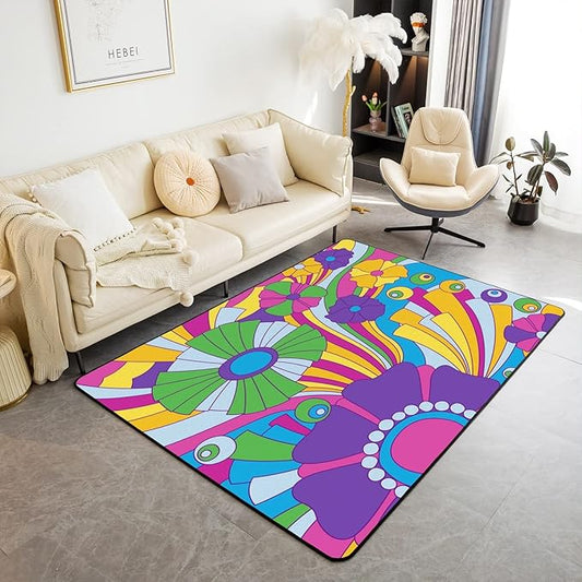 Psychedelic Flowers Area Rug 5'x6'6'' Hippie Rug Retro 60S 70S Groovy Power Floral Carpet for Kids Teen Adults Colorful Blossom Purple Green Trippy Non Slip Decorative Rug for Living Room