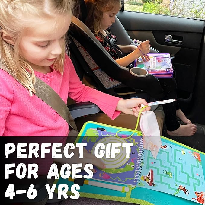 Kids Travel Educational Activity Book with Washable Markers - Car and Airplane Activities, Learning Toys for Toddlers- Reusable Stickers for Ages 4, 5, 6 (Princess & Extra Jungle Book)