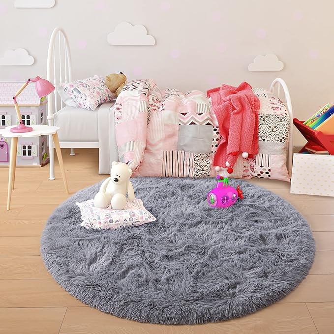 junovo Round Rug 5x5 Feet Fluffy Soft Area Rugs for Kids Girls Room Princess Castle Plush Shaggy Carpet Cute Circle Nursery Rug for Kids Girls Bedroom Baby Room Home Decor Circular Carpet, Grey