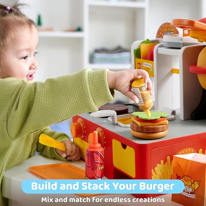 Play Kitchen Toddler Toy - 40+ PCS Fast Food Station with Potato Cutter, Simulated Frying Effect & Lights, Order & Drink Station - Pretend Play Food Toy Birthday Gift for Boys Girls