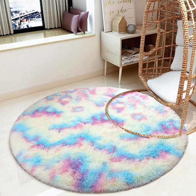 junovo Soft Round Rainbow Area Rugs for Girls Room, Fluffy Colorful Circle Rugs for Kids Bedroom, Cute Circular Rug Princess Castle Plush Shaggy Carpet for Kids Teen Baby Room Nursery Home Decor, 3ft