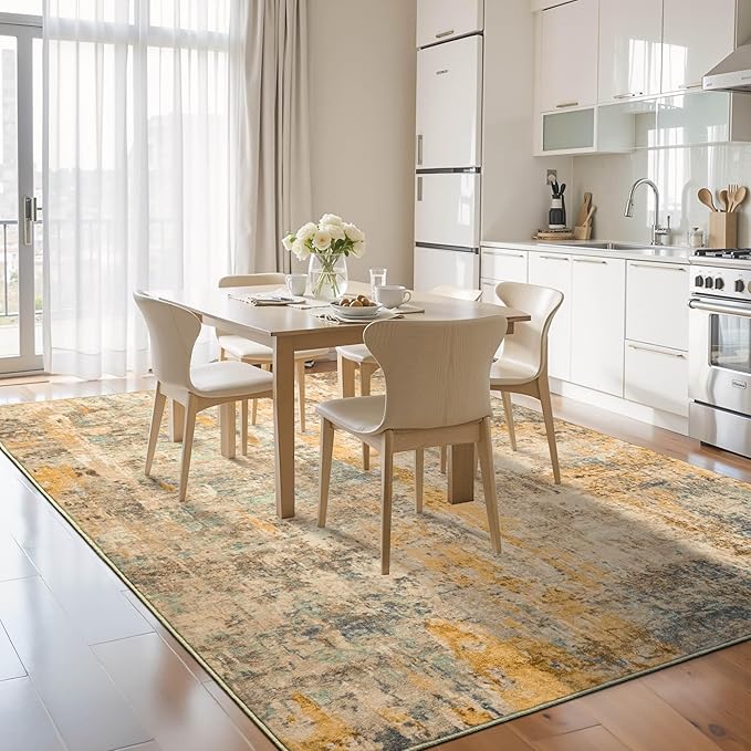 Ompaa Living Room Rug 6x9 Beige Area Rug Machine Washable Boho Rug Non Slip Abstract Vintage Indoor Large Rugs for Bedroom, Classroom, College Dorm, Farmhouse, Dining Room, Kids Playroom