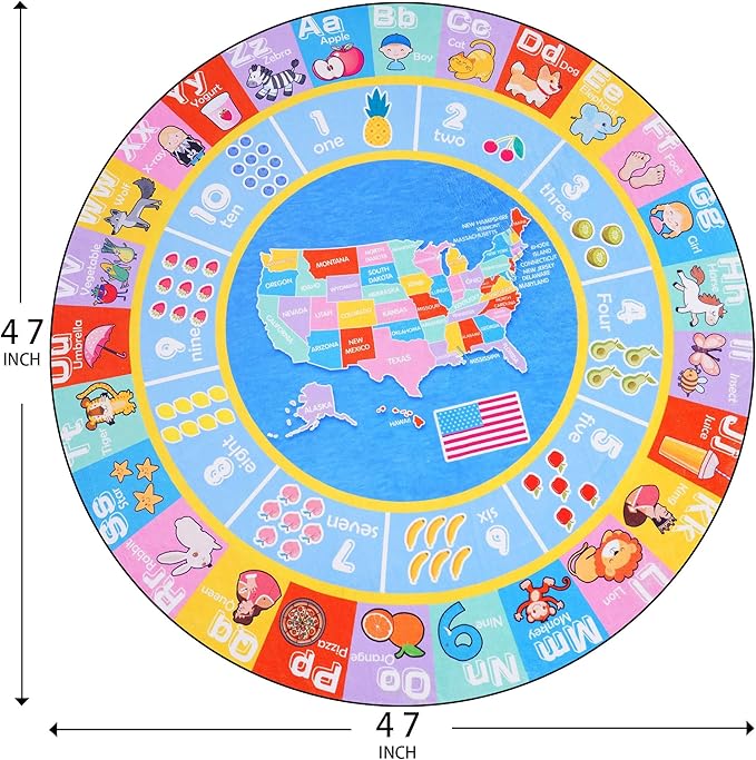 Kids Rugs for Playroom - Soft & Non-Slip 4x4 Feet Round Educational Rug for Learning ABC Alphabet, Numbers, Shapes & Map, Washable Classroom Rug for Toddler Nursery & Kids Room Decor
