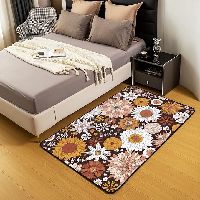 Bohemian Fall Floral Rug 4x5 Retro Groovy Flower Power Area Rug Boho Eyes Hippie Carpet for Teen Girls Adults Women Garden Sunflower Daisy Vintage Non Slip Decorative Rug for Bedside