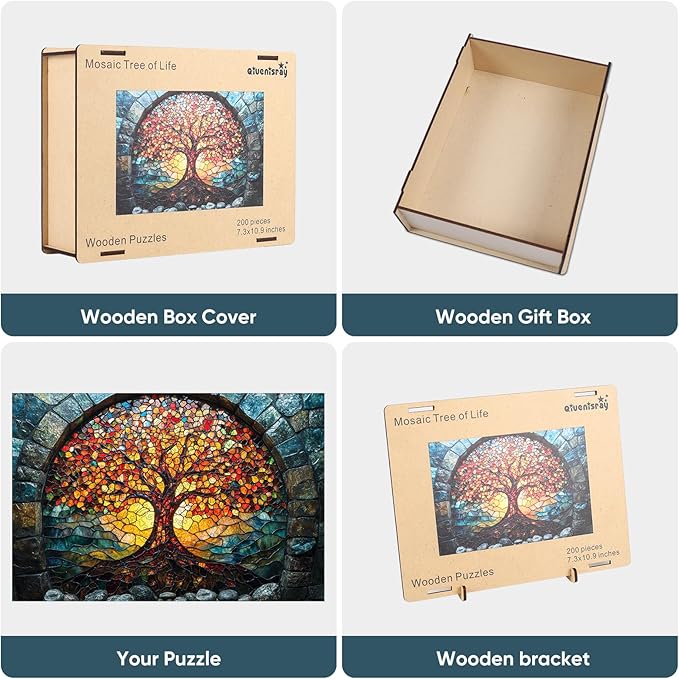 Wooden Puzzles for Adults, Mosaic Tree of Life Jigsaw Puzzles 200pcs, Medium, Unique Shape Adult Puzzles, Irregular Creative Gift for Family Game(10.9 * 7.3 in)
