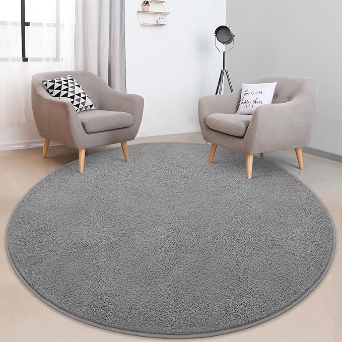 FlyDOIT Round Area Rugs for Bedroom Living Room, 5x5 Grey Super Soft Comfy Thickened Memory-Foam Indoor Circle Carpets, Modern Aesthetic Minimalist Carpet for Boys Girls Adults Nursery Home Décor