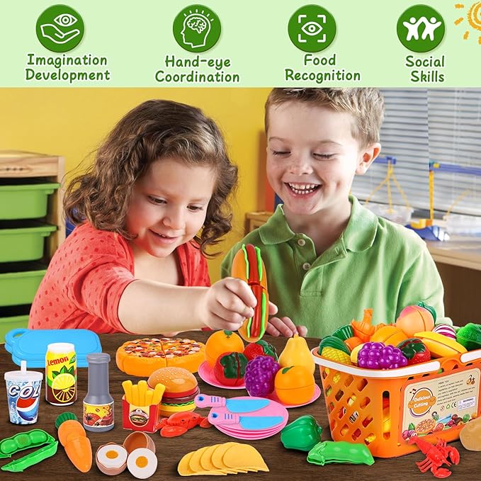 AROIC 92PCS Play Food, Toddler Kitchen Accessories Food Toys with Cutting Fruits & Vegetables, Plastic Mini Dishes Shopping Basket and Knife, Pretend Play Gift Kitchen Playset Velcro Cutting Toys