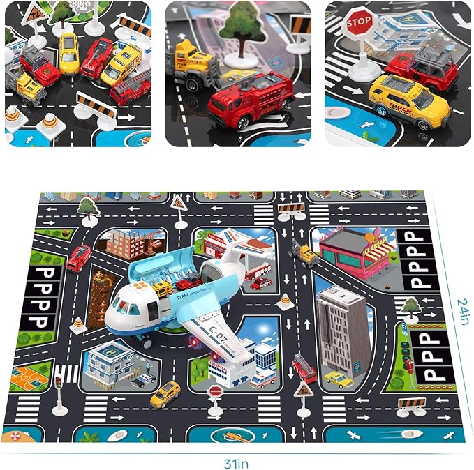 CUTE STONE Toy Airplane Plane Toy with Smoke, Sound and Light, Fricton Powered Airplane with Mini Cars, Great Gift for Boys and Girls