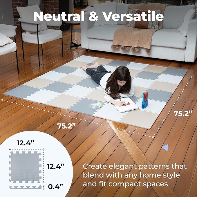 MioTetto Foam Floor Tiles for Kids - Non-Toxic Comfortable Baby Play Mat and Interlocking Foam Tiles, Fits with 74x74 Playpen Mat for Crawling & Development, Soft Play Mat for Babies 6-12 Months