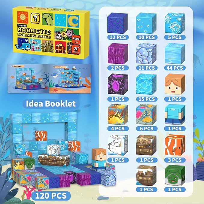 Magnetic Blocks-120PCS Ocean Quest Set，Magnetic Building Blocks Kids Toys for Ages 3 4 5 6 7 8-13 Birthday Gifts，STEM Montessori Sensory Toys for 3+ Years Old Boys & Girls