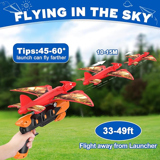 3 Pack Dinosaur Airplane Launcher Toys, Flying Toys for 3 4 5 6 7 8 9 10 Year Old Boys, Easter Gifts for Kids, Foam Plane Outdoor Toys 5-12 Year Old Boy Gift Ideas, Airplane Birthday Gift Party favors