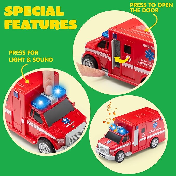 JOYIN 4 Pcs 7" Long Vehicle Toy Set, Toddlers Cars with Lights and Siren Sound, Including Play Police Car, School Bus, Garbage Truck, Ambulance, Birthday Party Gifts Toys for Boys 3-5