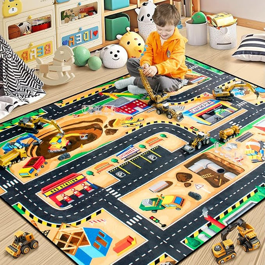 Kids Rug Construction Site Play Rug,5x7 Ft Area Rug, Tufted Wool & Rubber, Non-Slip, Stain & Fade Resistant, Machine Washable, Rustic Cartoon Construction Site Pattern