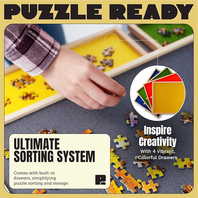 Puzzle Ready Puzzle Board with Drawers & Cover - 1000 Pieces Wooden Jigsaw Puzzle Table Mat with Lazy Susan Spinning Cover & Colorful Sorting Trays for Family - 24”x 30”